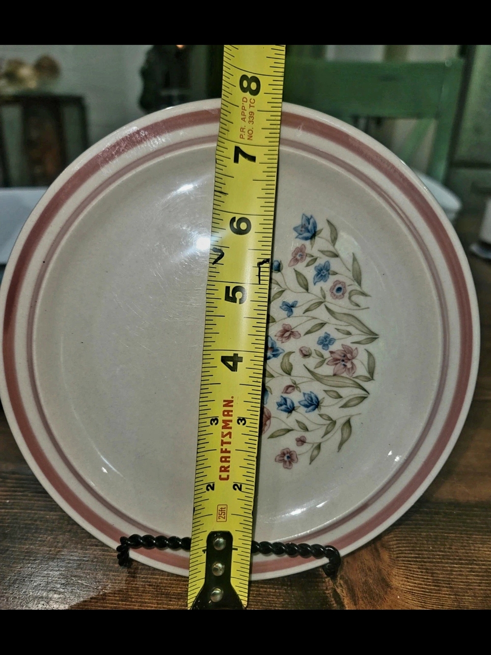 Ceramic Dinner Plate with Pink Rim and Blue Floral Accent - Picture 3 of 3